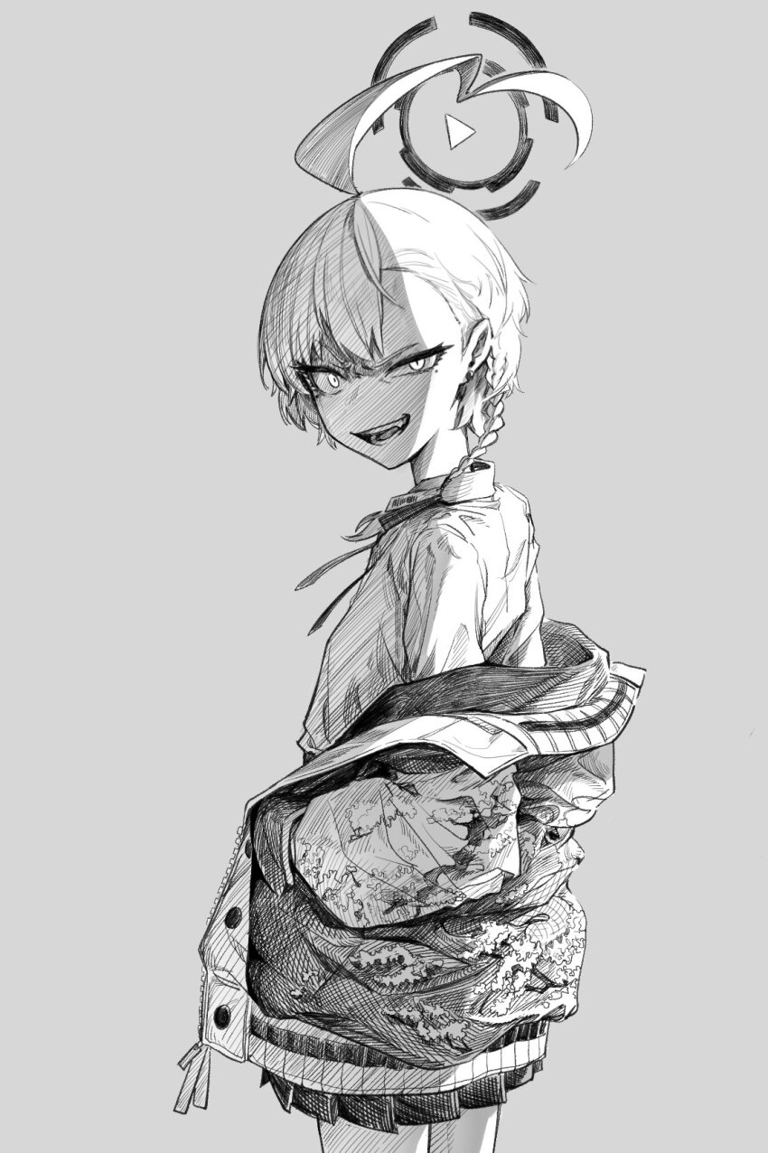 1girl, ahoge, blue_archive, braid, daresuki_05, fang, flat_chest, greyscale