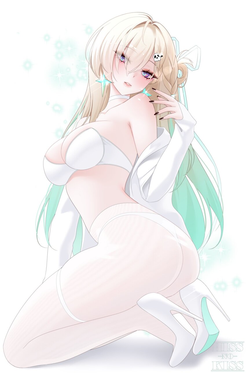 1girl, blonde_hair, bra, breasts, green_hair, highres, hissnokiss, large_breasts, lynae_(wuthering_waves), multicolored_hair, panties, pantyhose, purple_eyes, see-through_pantyhose, shirt, simple_background, solo, twisted_torso, two-tone_hair, underwear, white_background, white_bra, white_panties, white_pantyhose, white_shirt, wuthering_waves