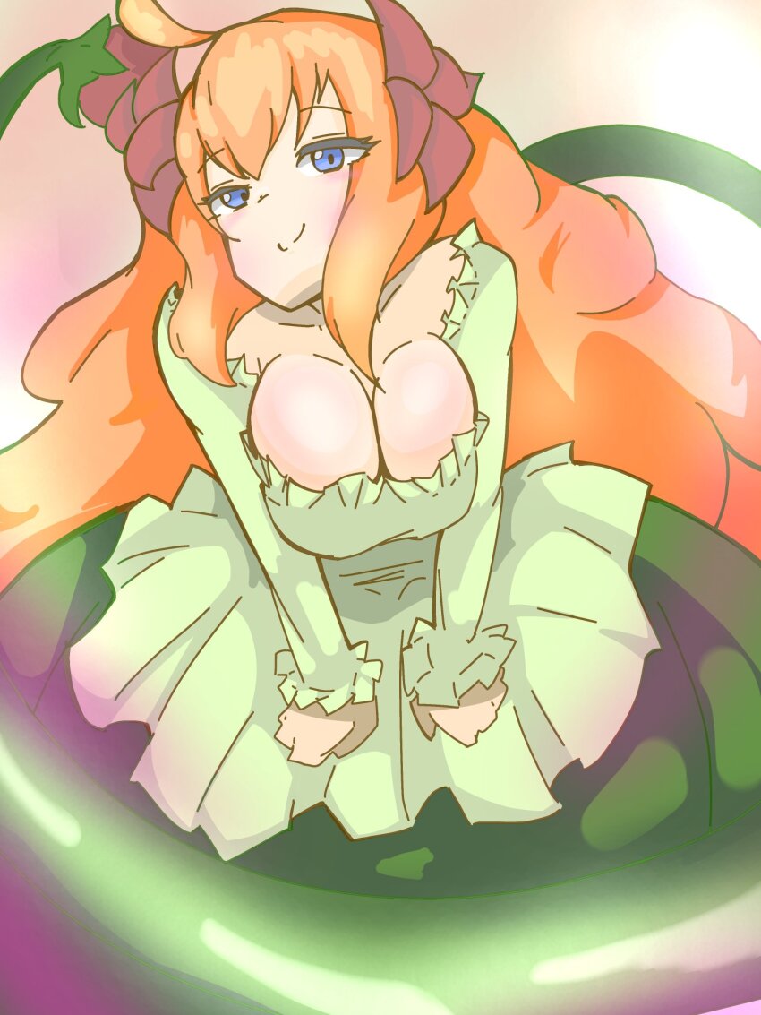 1girl, ahoge, blue_eyes, breasts, cactus, cactus_girl, casta_(mon-musu_quest!), cleavage