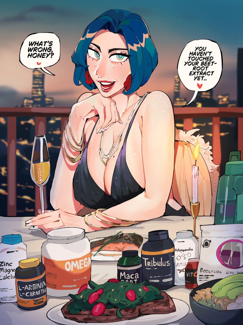 1girl, absurdres, black_dress, blue_eyes, blue_hair, bowl, breasts, candle, champagne_flute, cityscape, cleavage, commentary, cup, davina_(diforland), diforland, dress, drinking_glass, earrings, english_commentary, english_text, food, glass, highres, jewelry, large_breasts, looking_at_viewer, necklace, open_mouth, original, outdoors, pill_bottle, plate, pov, short_hair, sleeveless, sleeveless_dress, slit_pupils, solo, speech_bubble, steak, teeth