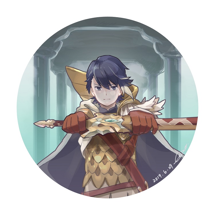 1boy, alfonse_(fire_emblem), blue_eyes, blue_hair, border, cape, closed_mouth, commentary_request