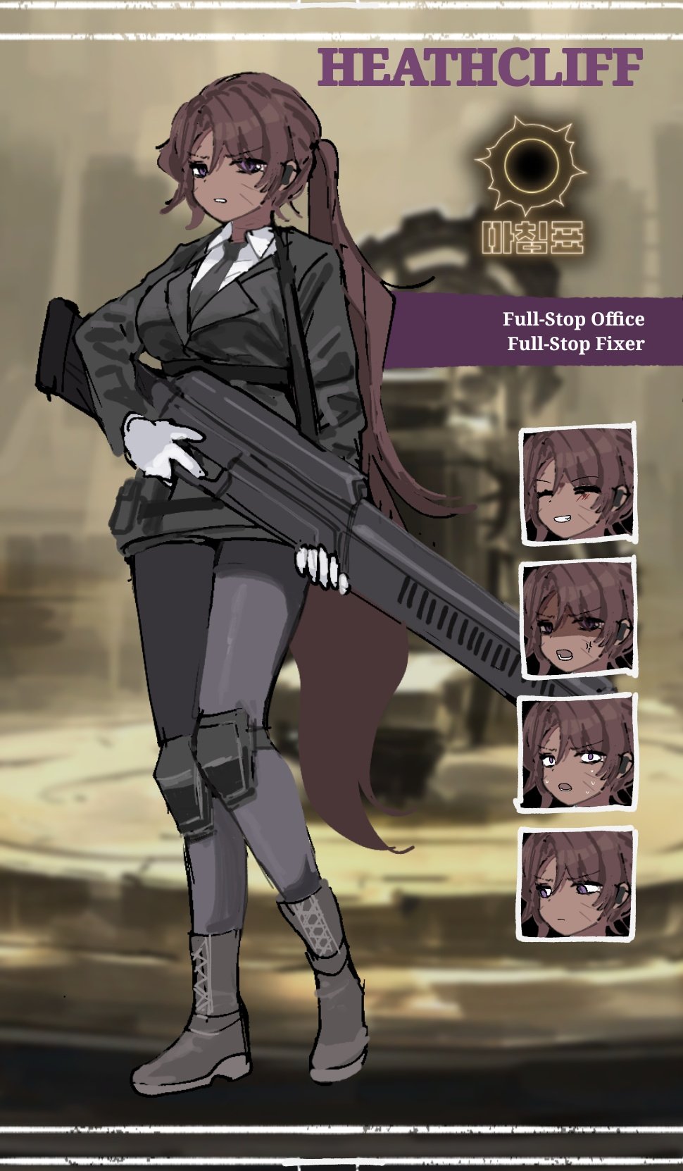 1girl, :d, :o, ^_^, anger_vein, black_boots, black_jacket, black_necktie, black_pantyhose, black_suit, blue_archive, boots, character_name, closed_eyes, collared_shirt, dark-skinned_female, dark_skin, english_text, eyes_visible_through_hair, formal_clothes, full-stop_office_(identity)_(project_moon), genderswap, genderswap_(mtf), gloves, gun, hair_over_one_eye, heathcliff_(project_moon), highres, holding, holding_gun, holding_weapon, jacket, knee_pads, limbus_company, long_hair, looking_at_viewer, looking_to_the_side, multiple_expressions, necktie, ngancurindunia, official_art_inset, open_mouth, pantyhose, parody, ponytail, project_moon, purple_eyes, scar, scar_on_face, shaded_face, shirt, smile, solo, suit, suit_jacket, sweatdrop, v-shaped_eyebrows, weapon, weapon_request, white_gloves, white_shirt