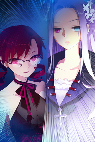 2girls, aqua_eyes, bare_shoulders, blood, coat, cross, dress, drill_hair