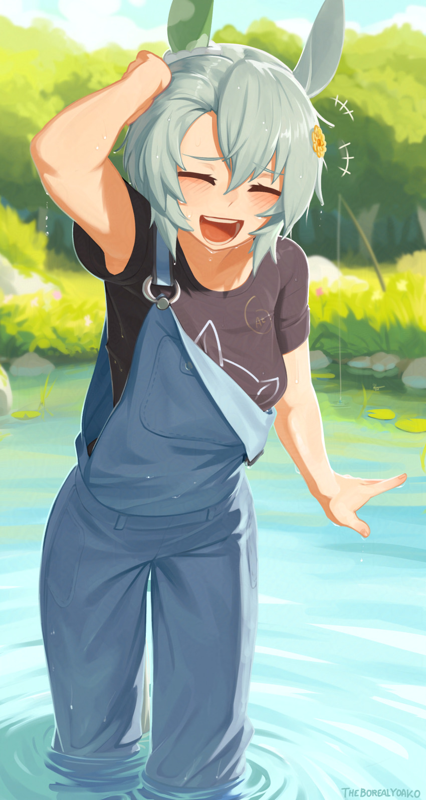 +++, 1girl, :d, absurdres, adversarial_noise, animal_ears, bare_arms, black_shirt