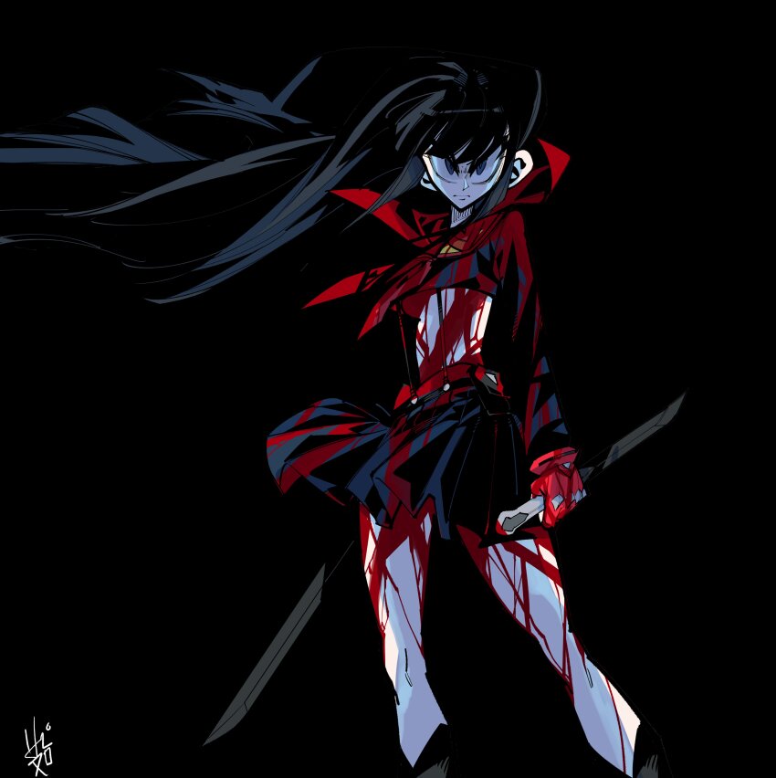 1girl, absurdres, black_background, black_hair, blood, blood_on_clothes, blue_eyes, breasts