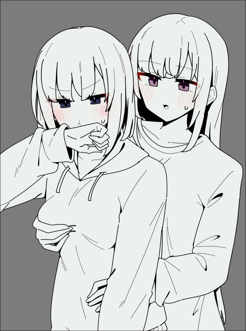2girls, absurdres, blush, commentary_request, drawstring, grabbing_another's_breast, grabbing_from_behind, greyscale