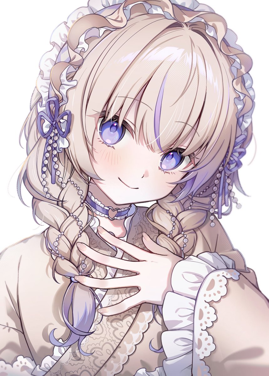1girl, blonde_hair, braid, choker, commentary, frilled_sleeves, frills, hair_ornament