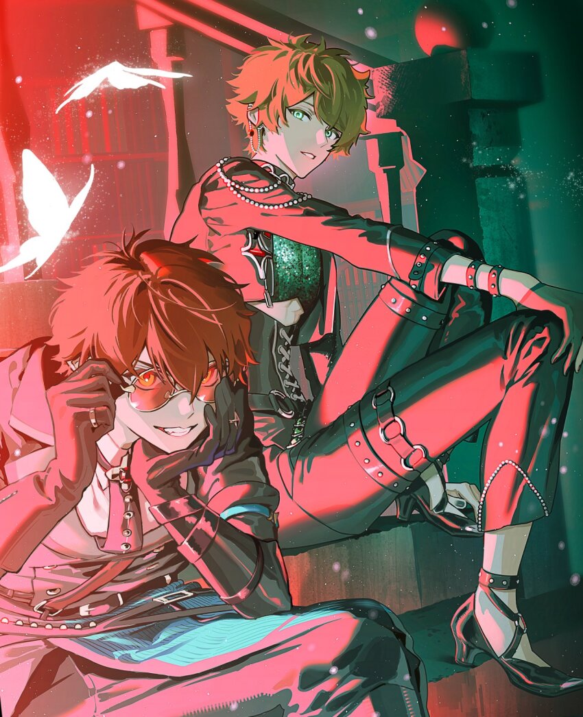 2boys, adjusting_eyewear, beads, belt_buckle, bespectacled, black_gloves, bracelet, brown_hair