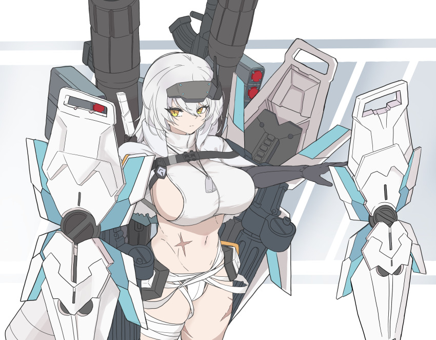 1girl, absurdres, bandaged_leg, bandaged_waist, bandages, breasts, cloak, closed_mouth