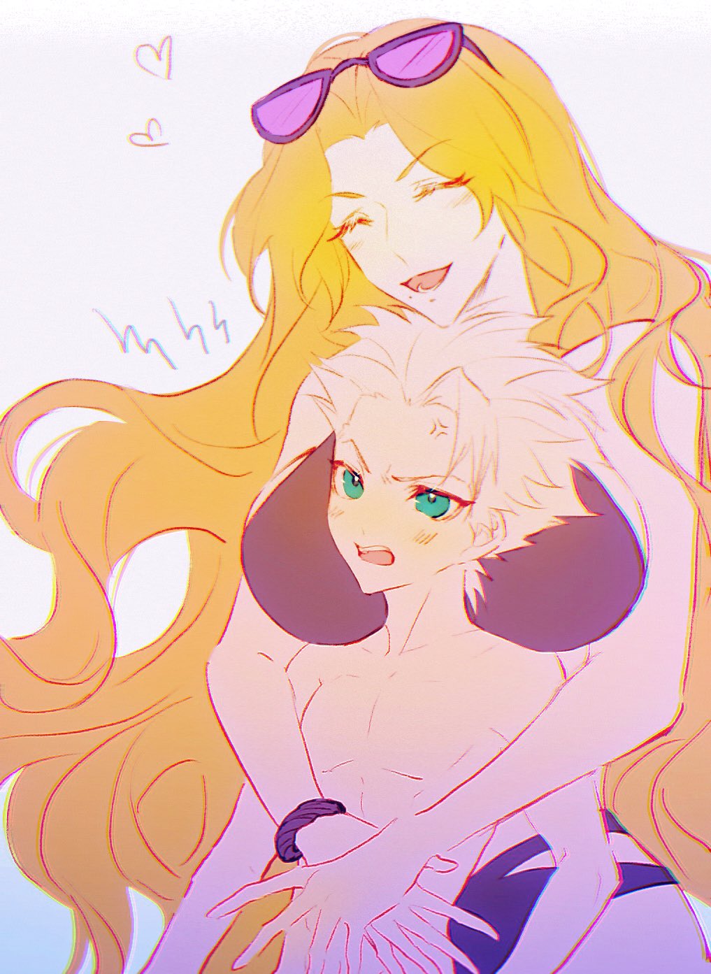 1boy, 1girl, age_difference, anger_vein, between_breasts, bikini, black_bikini, bleach, breasts, breasts_on_shoulders, chromatic_aberration, closed_eyes, commentary_request, eyewear_on_head, green_eyes, head_between_breasts, heart, height_difference, highres, hitsugaya_toushirou, hitsuran99, hug, hug_from_behind, long_hair, matsumoto_rangiku, mole, mole_under_mouth, onee-shota, open_mouth, orange_hair, scrunchie, smile, sunglasses, swimsuit, very_long_hair, white_hair, wrist_scrunchie