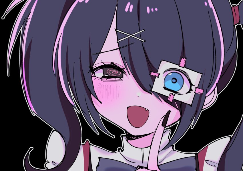 1girl, :d, @_@, ame-chan_(needy_girl_overdose), babumi_roriko, black_background, black_eyes, black_hair