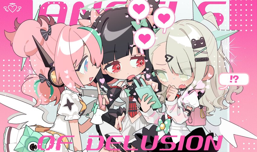 3girls, angels_of_delusion, aria_(zenless_zone_zero), backpack, bag, black_hair, black_skirt, blue_eyes, blunt_bangs, blush, bow, commentary_request, detached_sleeves, dress, fingerless_gloves, gloves, grey_eyes, grey_hair, hair_bow, hair_ornament, hairclip, halo, highres, holding, holding_phone, long_hair, multiple_girls, nangong_yu, phone, pink_bag, pink_gloves, pink_hair, puffy_short_sleeves, puffy_sleeves, randoseru, red_eyes, sanada_ima, short_sleeves, skirt, sunna_(zenless_zone_zero), sweatdrop, twintails, upper_body, white_dress, wings, wrist_cuffs, zenless_zone_zero