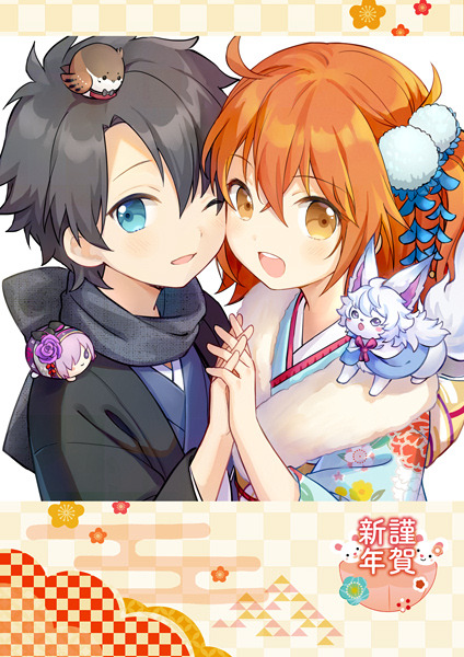 1boy, 1girl, animal, animal_on_shoulder, black_hair, black_haori, black_sclera, blue_eyes