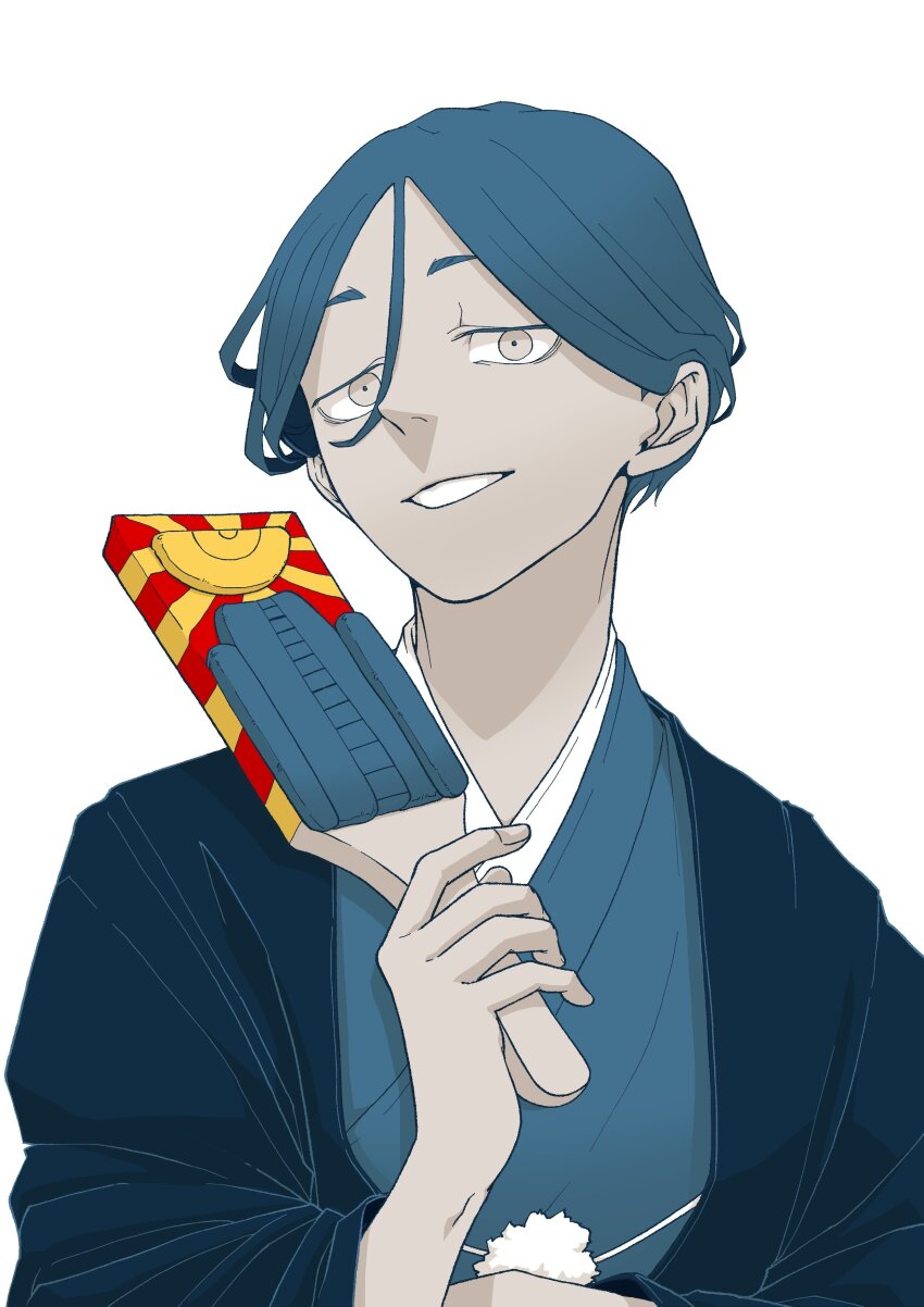 1boy, absurdres, blue_hair, blue_kimono, commentary_request, grey_eyes, highres, holding