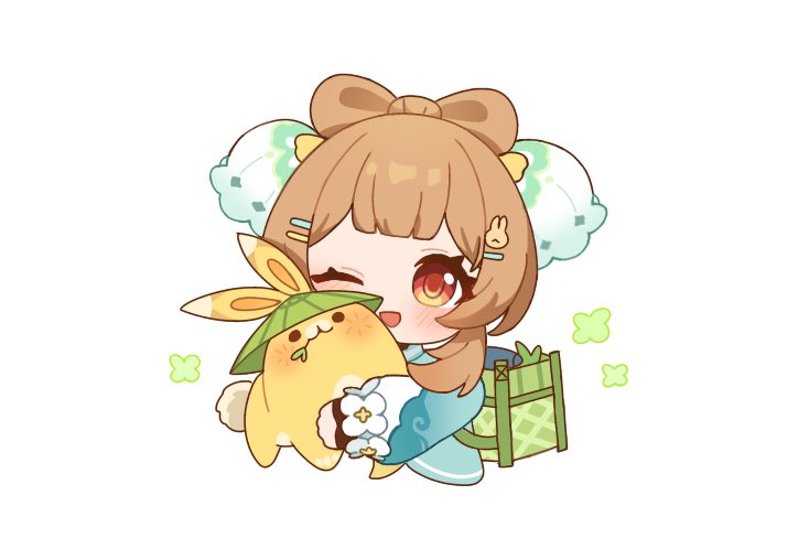 1girl, ;d, blue_shirt, blunt_bangs, blush, brown_hair, chibi, chibi_only