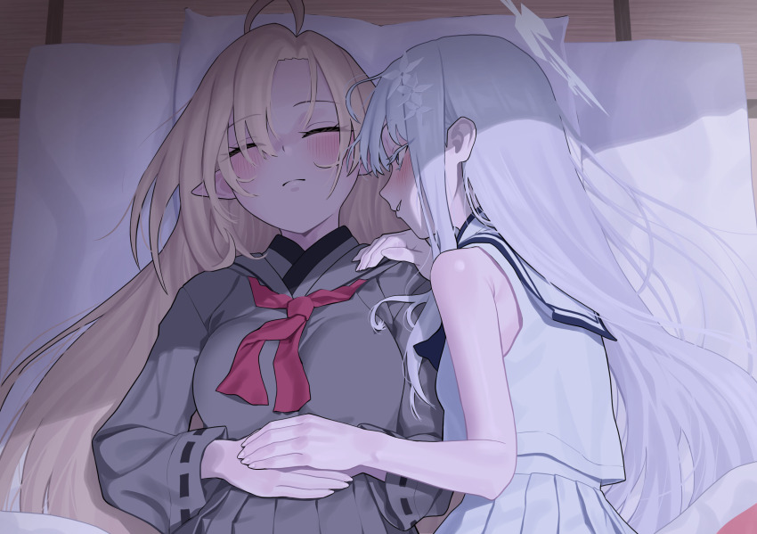2girls, ahoge, ayame_(blue_archive), blonde_hair, blue_archive, blunt_ends, blush, commentary, grey_serafuku, hair_spread_out, highres, indoors, intentionally_missing_halo, korean_commentary, long_hair, looking_at_another, looking_at_viewer, lying, missing_halo, multiple_girls, nagusa_(blue_archive), okokorika, on_back, on_side, pillow, pleated_skirt, pointy_ears, profile, school_uniform, serafuku, shirt, skirt, sleeping, sleeveless, sleeveless_shirt, smile, tatami, upper_body, very_long_hair, white_hair, white_serafuku, yandere, yuri