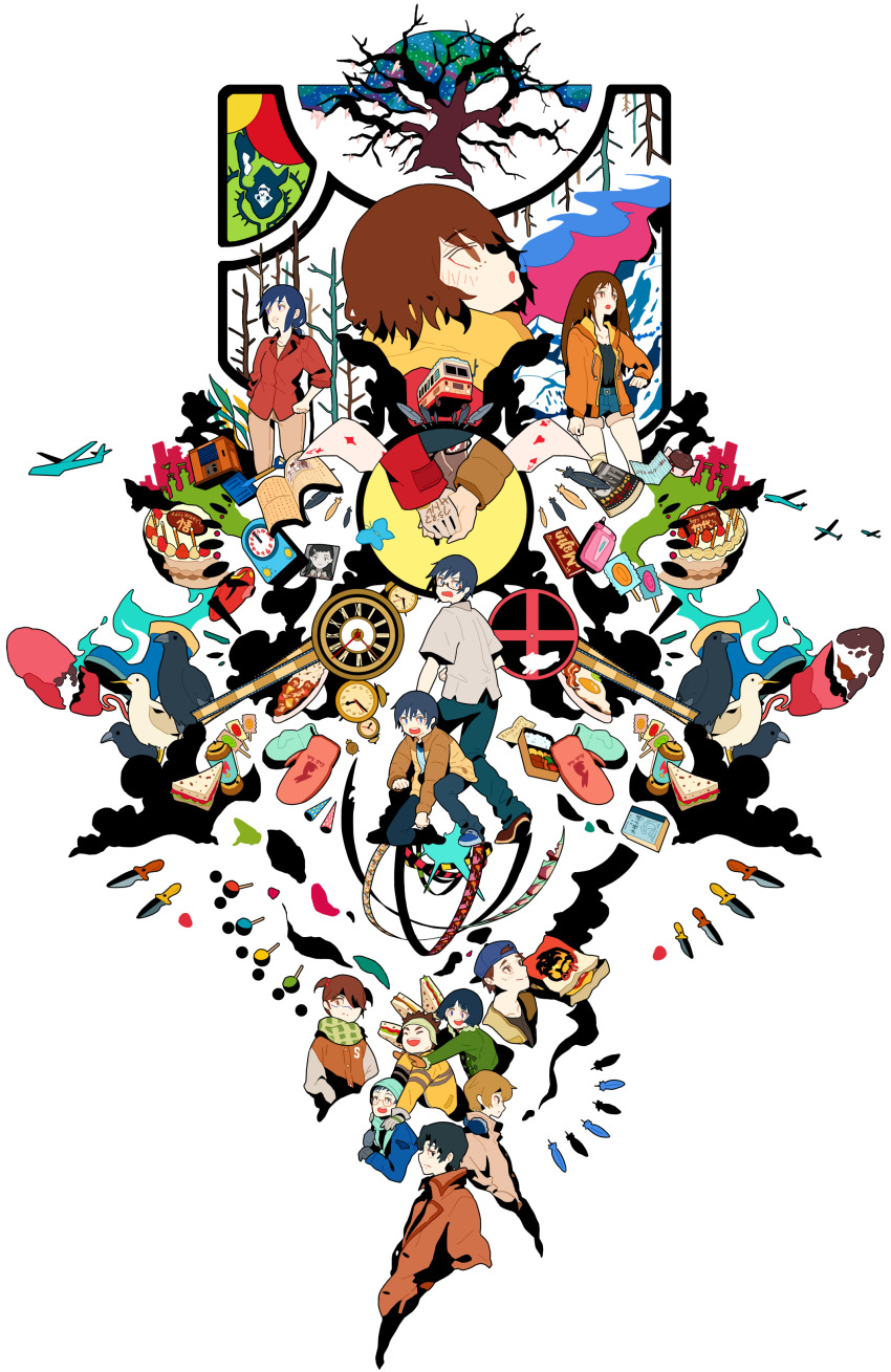 4girls, 6+boys, absurdres, ace_(playing_card), ace_of_diamonds, ace_of_hearts, bare_tree, bird