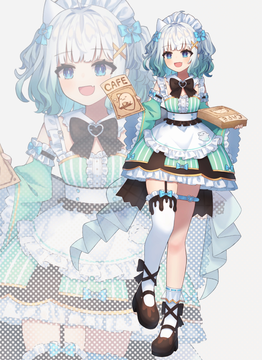 1girl, ahoge, akatanotaki, apron, aqua_dress, aqua_hair, arms_behind_back, asymmetrical_legwear