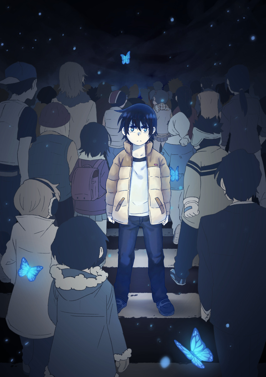 3girls, 6+boys, absurdres, backpack, backwards_hat, bag, beanie, blue_butterfly