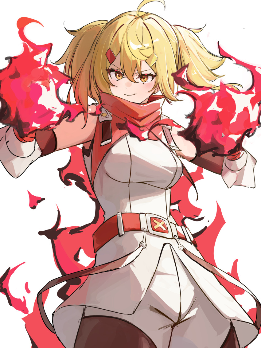 1girl, absurdres, ahoge, bare_shoulders, belt, blonde_hair, breasts, brown_belt