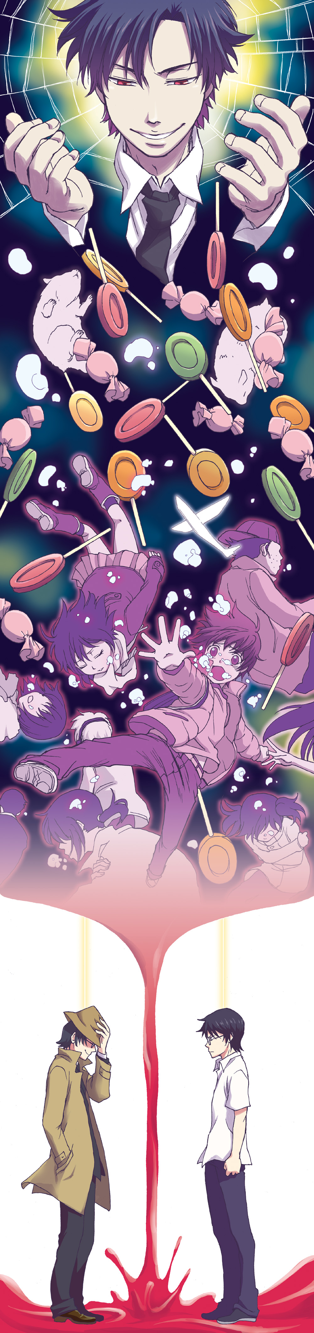 3girls, 4boys, absurdres, backwards_hat, black_necktie, black_pants, blood, boku_dake_ga_inai_machi