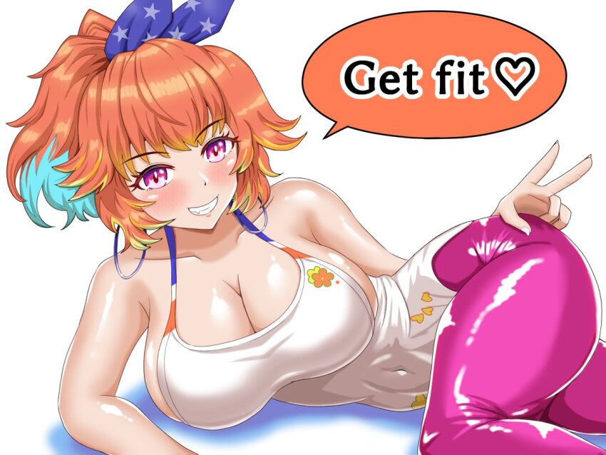 1girl, breasts, cocoakochan, commentary_request, earrings, highleg, highleg_leotard, hololive, hololive_english, jewelry, large_breasts, leggings, leotard, looking_at_viewer, multicolored_hair, official_alternate_costume, orange_hair, purple_eyes, smile, solo, takanashi_kiara, takanashi_kiara_(fever_night), virtual_youtuber, white_leotard