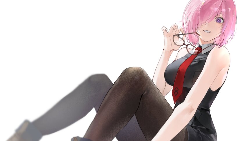 1girl, black_pantyhose, black_shirt, breasts, collared_shirt, commentary, fate/grand_order, fate_(series)