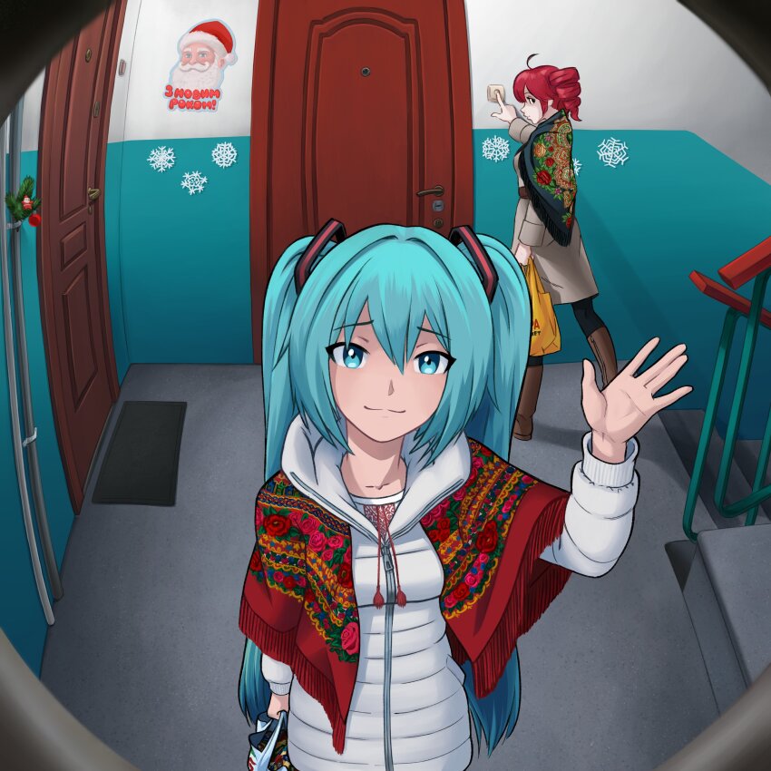 2girls, :3, absurdres, ahoge, apartment, aqua_eyes, aqua_hair, artguild25