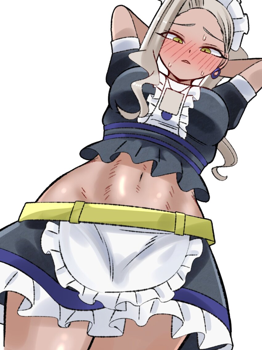 1girl, alternate_costume, apron, arms_behind_head, black_shirt, black_skirt, blush, breasts