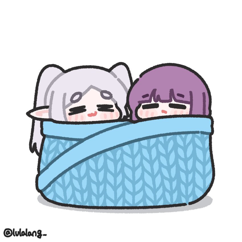 2girls, :3, chibi, chibi_only, closed_eyes, closed_mouth, elf, facing_viewer, fern_(sousou_no_frieren), frieren, grey_hair, highres, inside_object, long_hair, lulalang, multiple_girls, parted_bangs, pointy_ears, purple_hair, resting, simple_background, sousou_no_frieren, twintails, twitter_username, white_background