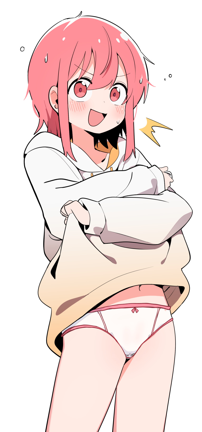 1girl, :d, absurdres, blush, bural_chingu, cameltoe, clothes_lift, commentary