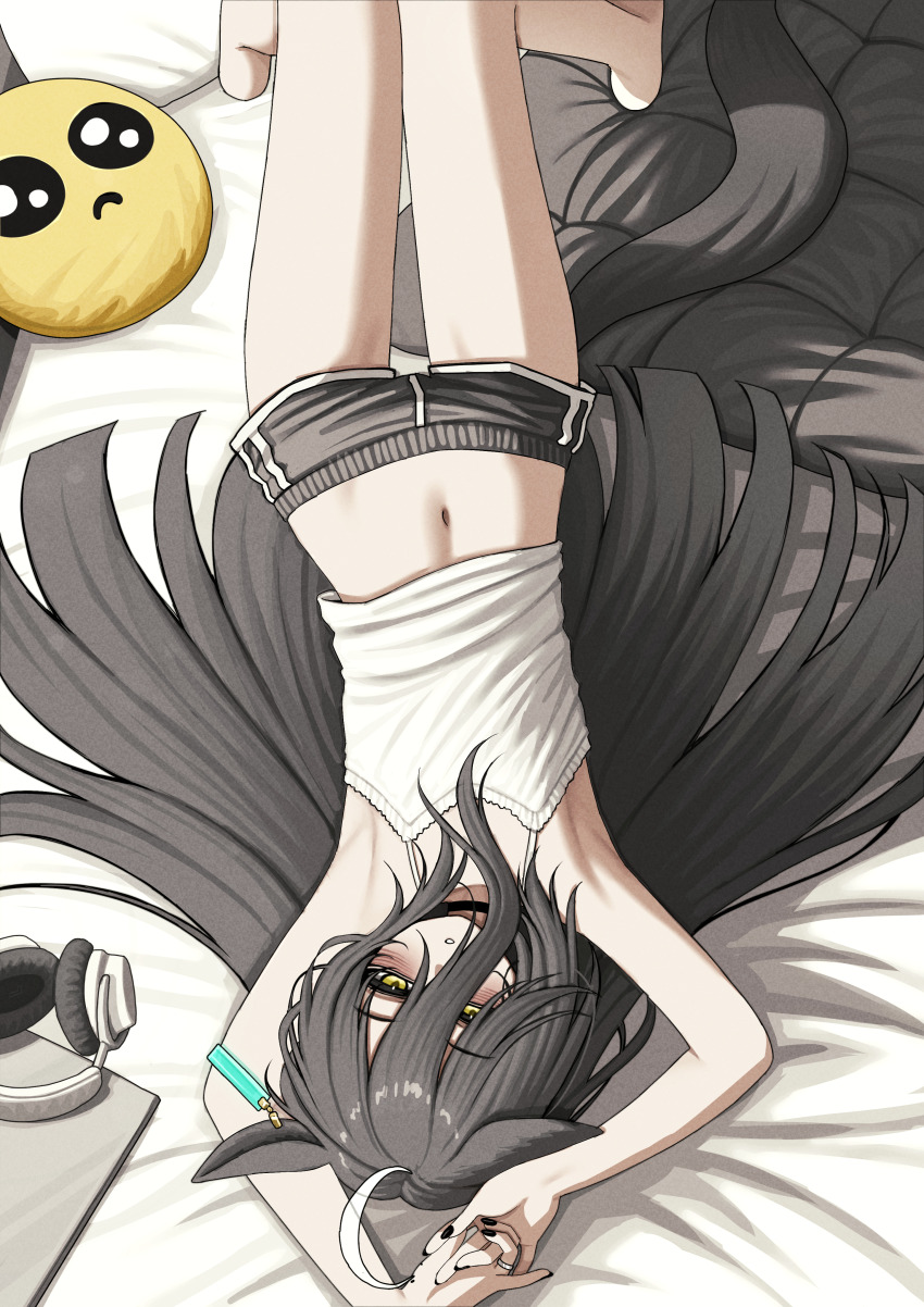 1girl, absurdres, ahoge, animal_ears, bags_under_eyes, barefoot, black_hair, black_nails