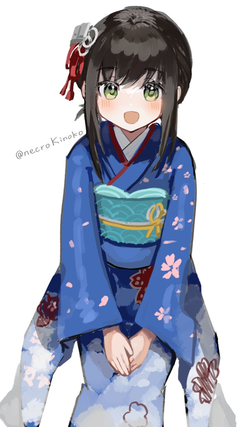 1girl, absurdres, black_hair, blue_kimono, commentary_request, feet_out_of_frame, fubuki_(kancolle), fubuki_(yokohama)_(kancolle)