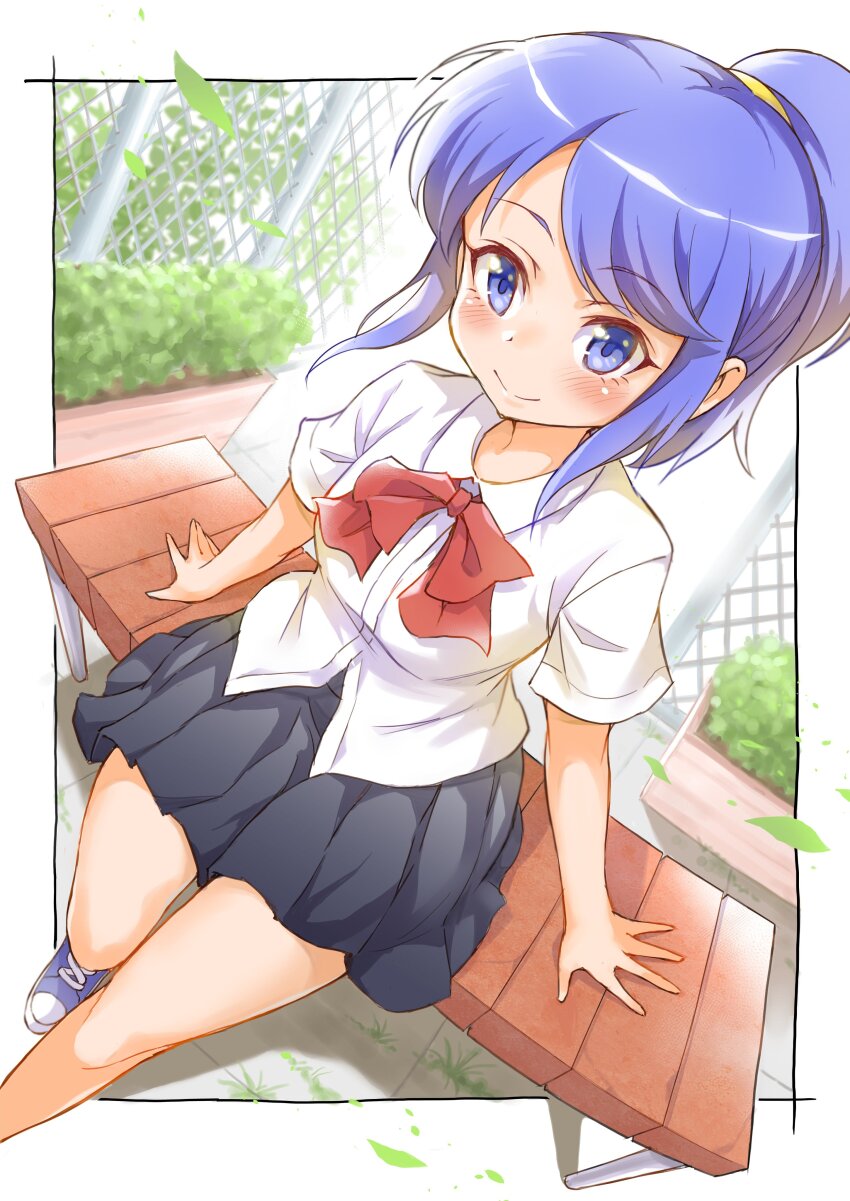 1girl, absurdres, black_skirt, blue_eyes, blue_hair, blue_shoes, border, bow