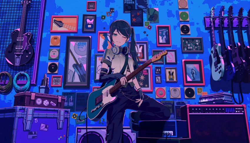 1girl, ;|, aqua_eyes, arm_warmers, bass_guitar, black_arm_warmers, black_gloves, black_hair