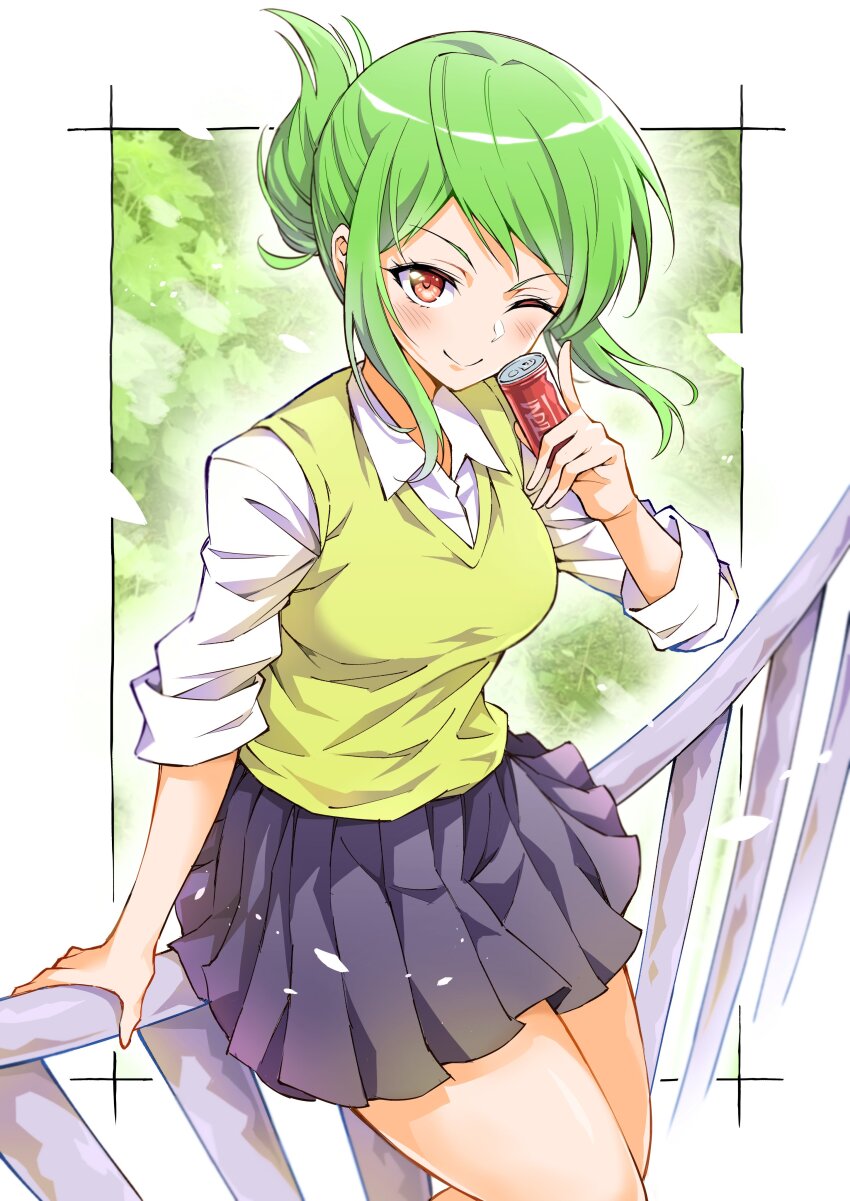 1girl, absurdres, black_skirt, brown_eyes, can, closed_mouth, commentary_request, drink_can, from_above, green_hair, highres, holding, holding_can, ishikawa_riko, jikkyou_powerful_pro_yakyuu, on_railing, one_eye_closed, pawahotel3021, ponytail, power_pro-kun_pocket_7, power_pro-kun_pocket, railing, shirt, short_ponytail, skirt, sleeves_rolled_up, smile, solo, sweater_vest, white_shirt, yellow_sweater_vest
