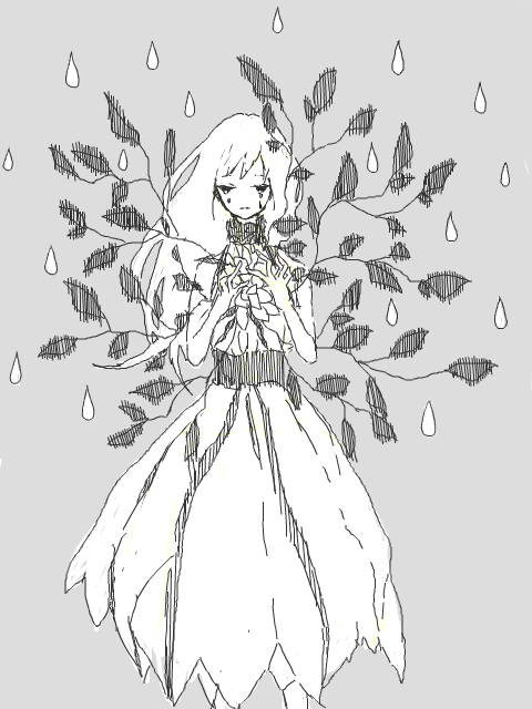 1girl, alternate_costume, alternate_hairstyle, closed_eyes, dress, female_focus, flower, hands_on_own_chest, hatsune_miku, leaf, long_hair, lost_and_found_(vocaloid), mam233, monochrome, plant, rain, sash, sleeveless, sleeveless_dress, solo, tears, vocaloid, white_hair