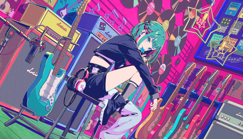 1girl, amplifier, aqua_eyes, aqua_hair, asymmetrical_clothes, asymmetrical_pants, bass_guitar, black_jacket