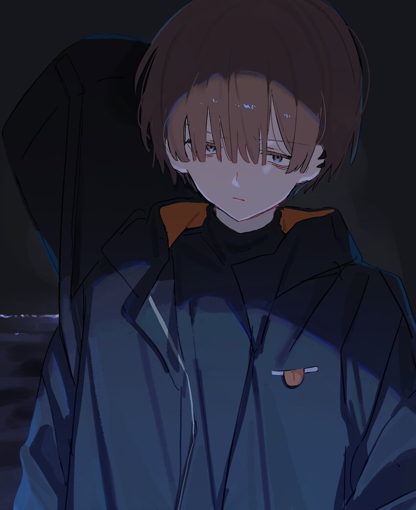 1boy, bag_behind_back, black_jacket, black_shirt, blunt_bangs, brown_hair, commentary, dark