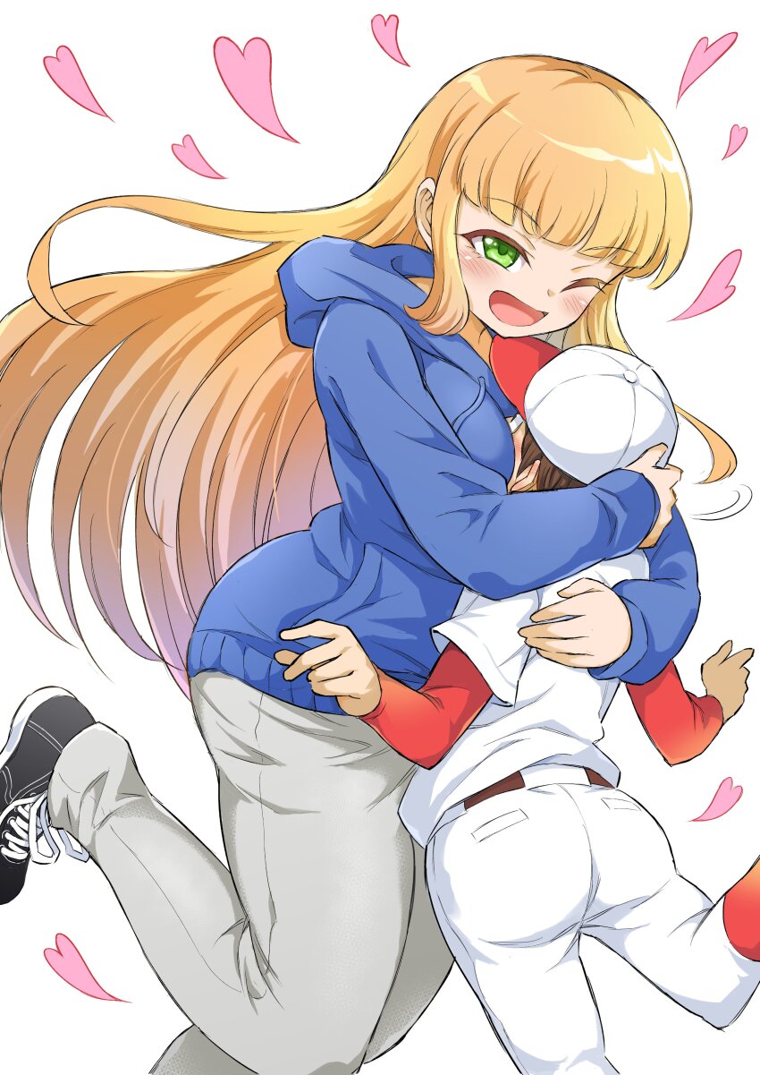 1boy, 1girl, absurdres, age_difference, baseball_cap, baseball_uniform, between_breasts, black_shoes, blonde_hair, blue_hoodie, breast_smother, breasts, brown_hair, commentary_request, face_to_breasts, green_eyes, grey_pants, hat, head_between_breasts, highres, hood, hoodie, hug, jikkyou_powerful_pro_yakyuu, long_hair, natsume_jun, one_eye_closed, onee-shota, pants, pawahotel3021, power_pro-kun_pocket_14, power_pro-kun_pocket, shoes, sportswear, standing, standing_on_one_leg, white_background
