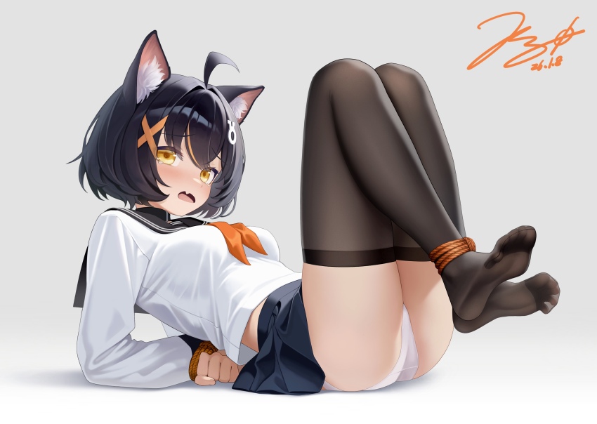 1girl, absurdres, ahoge, animal_ear_fluff, animal_ears, arms_behind_back, ass, back_peek, black_hair, black_thighhighs, bound, bound_arms, bound_legs, breasts, commentary_request, fang, feet, highres, jerry_wang, looking_at_viewer, medium_hair, neckerchief, open_mouth, orange_neckerchief, original, panties, pleated_skirt, sailor_collar, school_uniform, serafuku, skindentation, skirt, small_breasts, soles, solo, thighhighs, underwear, white_panties, yellow_eyes