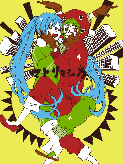 2girls, alternate_costume, aqua_hair, building, coat, eyelashes, gloves, green_hair