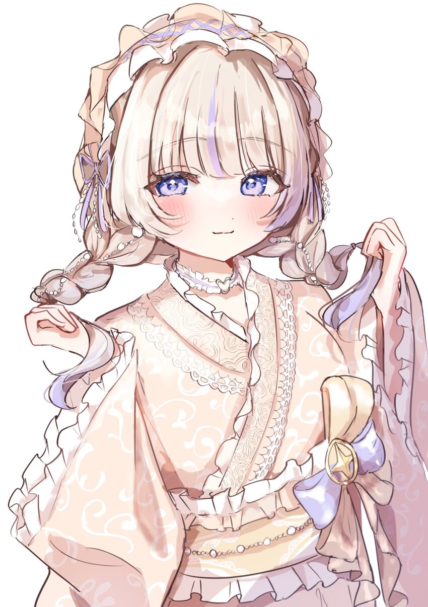 1girl, blonde_hair, braid, choker, commentary_request, frilled_sleeves, frills, hair_ornament