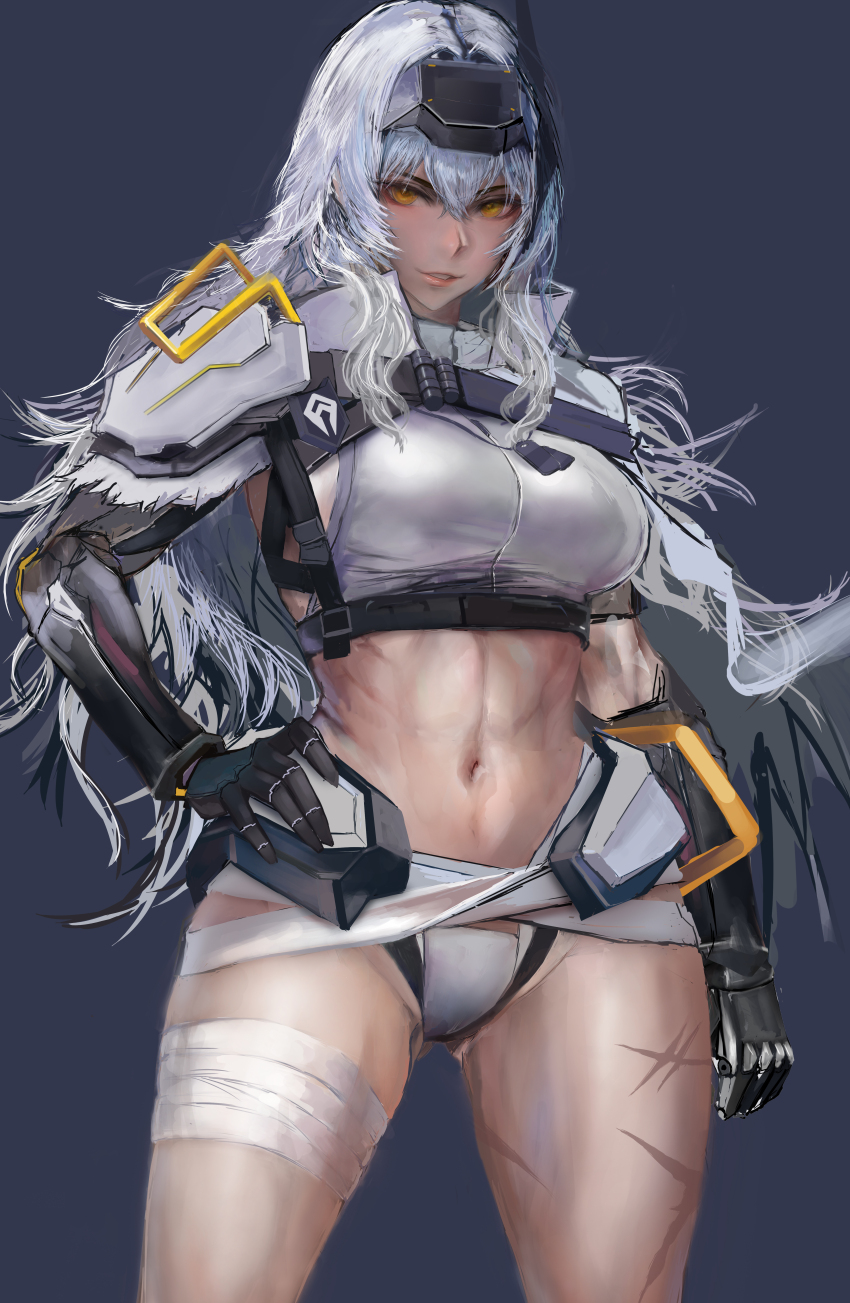 1girl, abs, absurdres, bandaged_leg, bandaged_waist, bandages, breasts, capelet