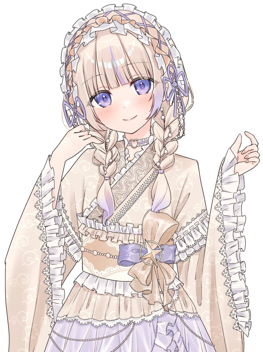 1girl, blonde_hair, braid, choker, commentary_request, frilled_sleeves, frills, hair_ornament