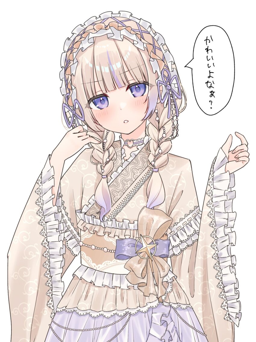 1girl, blonde_hair, braid, choker, commentary_request, frilled_sleeves, frills, hair_ornament