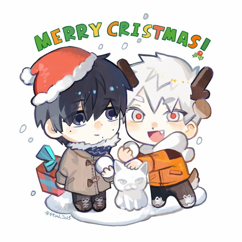 2025, 2boys, antlers, black_hair, box, chibi, chibi_only, closed_mouth, coat, commentary, duffel_coat, fang, fur_trim, gift, gift_box, grey_eyes, hat, highres, hikaru_ga_shinda_natsu, holding, holding_snowball, horns, indou_hikaru, jacket, looking_at_another, looking_at_viewer, luoooxl, male_focus, merry_christmas, mole, mole_on_cheek, mole_under_eye, mole_under_mouth, multiple_boys, multiple_moles, open_mouth, orange_jacket, red_pupils, reindeer_antlers, santa_hat, short_eyebrows, short_hair, simple_background, smile, snow_cat, snowball, tail, translation_request, tsujinaka_yoshiki, white_background, white_hair