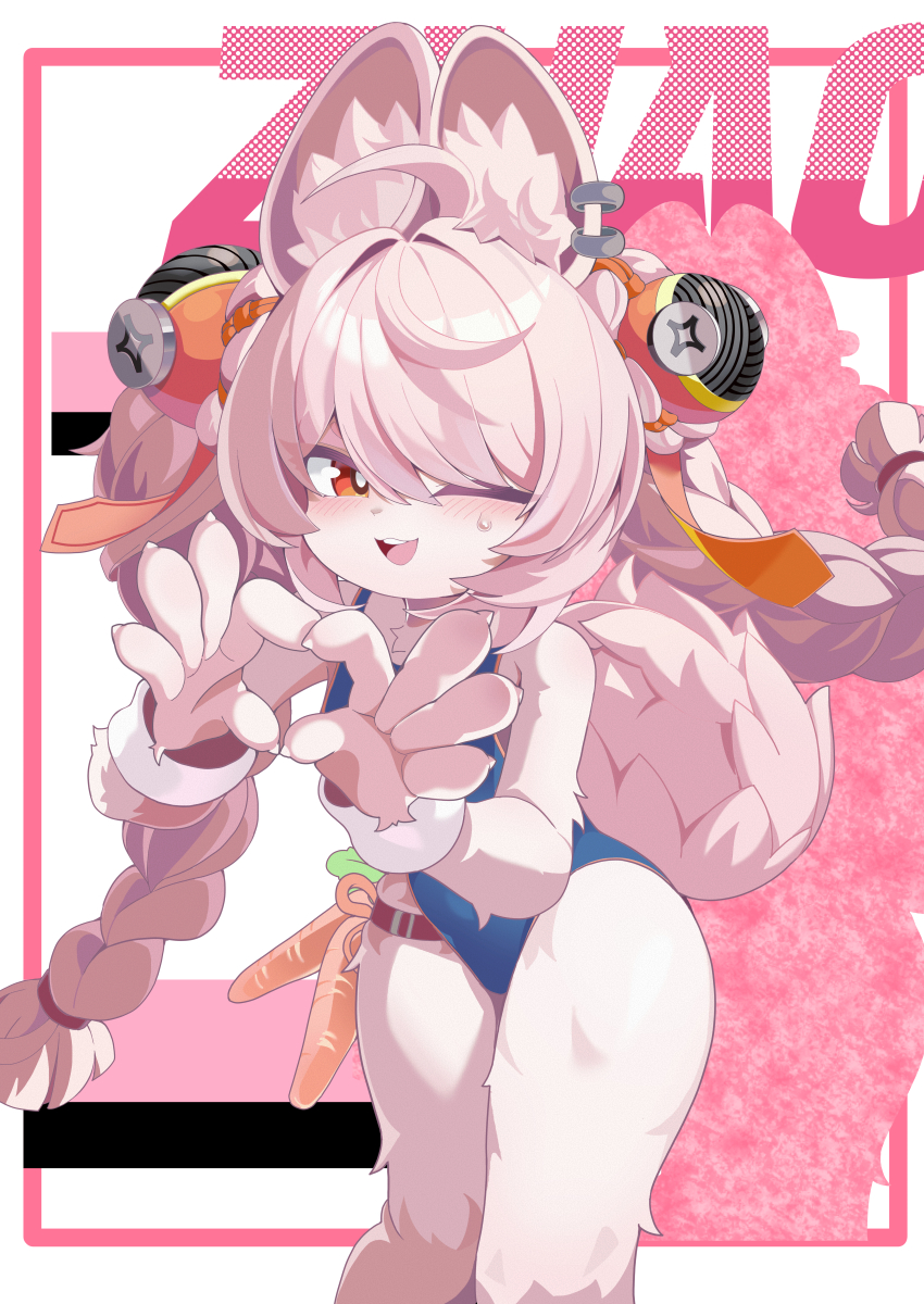 1girl, absurdres, alternate_costume, animal_ear_fluff, animal_ear_piercing, animal_ears, bare_shoulders, blue_one-piece_swimsuit, blush, border, braid, braided_twintails, bright_pupils, character_name, cowboy_shot, cran_berrie, four-finger_heart_hands, furry, furry_female, hair_intakes, heart, heart_hands, highres, loli, long_hair, looking_at_viewer, one-piece_swimsuit, one_eye_closed, open_mouth, pink_border, pink_fur, pink_hair, rabbit_ears, rabbit_girl, rabbit_tail, red_eyes, screw, short_eyebrows, solo, sweat, sweatdrop, swimsuit, tail, teeth, thick_eyebrows, upper_teeth_only, white_background, white_pupils, wristband, zenless_zone_zero, zhao_(zenless_zone_zero)