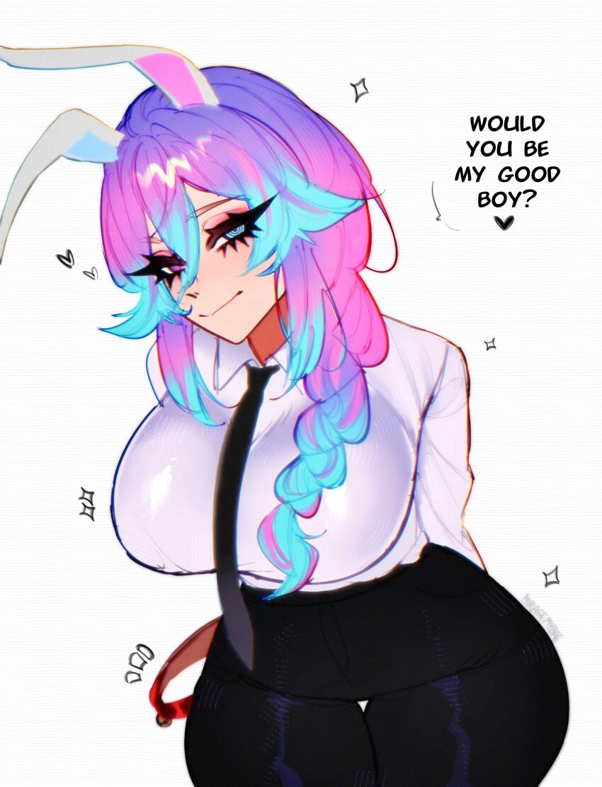 1girl, absurdres, animal_ears, arms_behind_back, black_pants, blue_eyes, blue_hair, braid, braided_ponytail, breasts, collar, cosplay, cottontail_(vtuber), good_boy_(phrase), gradient_hair, hair_between_eyes, heart, heterochromia, highres, holding, holding_collar, indie_virtual_youtuber, large_breasts, leaning_forward, leash, makima_(chainsaw_man), makima_(chainsaw_man)_(cosplay), miragemybae, multicolored_hair, necktie, pants, pink_hair, purple_hair, rabbit_ears, shirt, unworn_collar, virtual_youtuber, white_background, white_shirt, wide_hips
