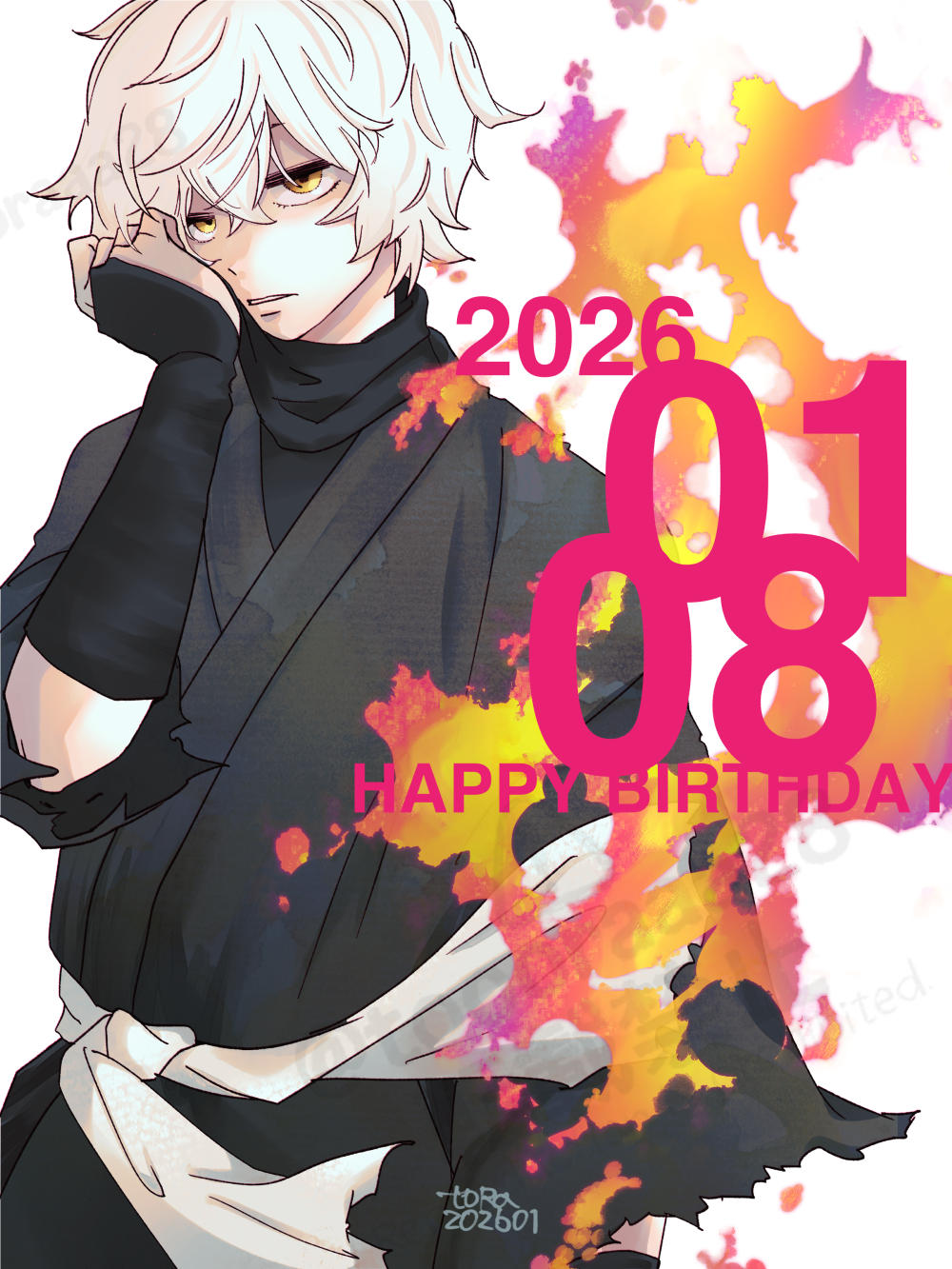 1boy, black_kimono, burn_scar, burning, commentary_request, fire, gabimaru, hair_between_eyes